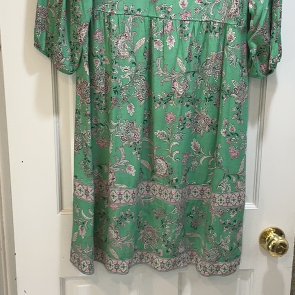 J Jill Knee Length Dress Lovely Jacobean Print of Mint Green and Soft Pink - Picture 7 of 10